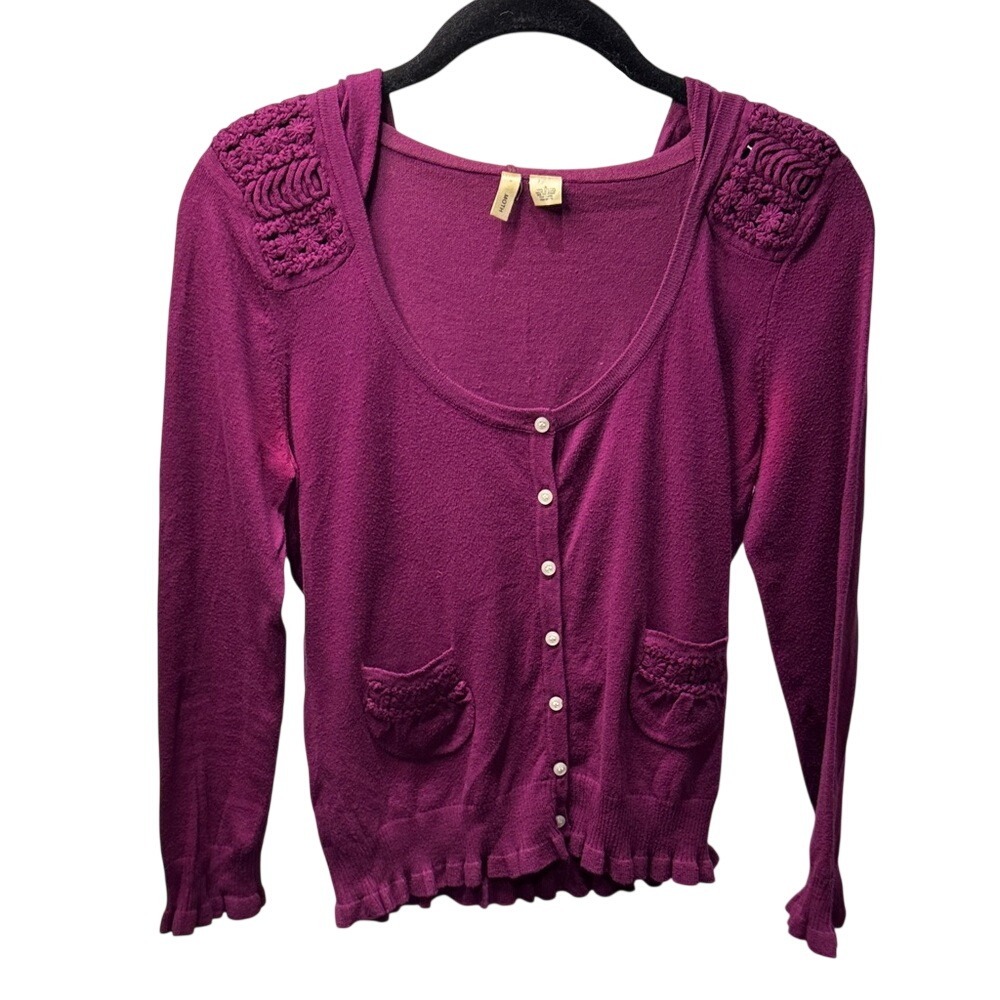 Anthropologie Moth Purple Cotton Hooded Cardigan Crochet Lace Shoulder Small
